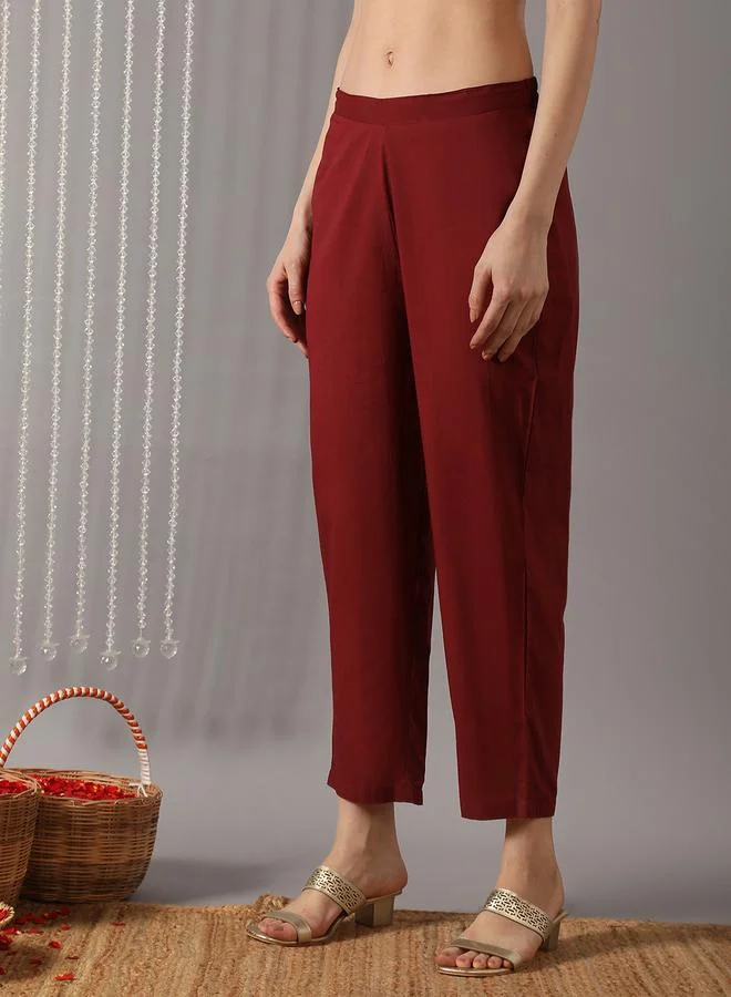 Globus  Women Maroon Ethnic Print Embroidered Straight Kurta with Pant and Dupatta Set for Women | Best Price UAE